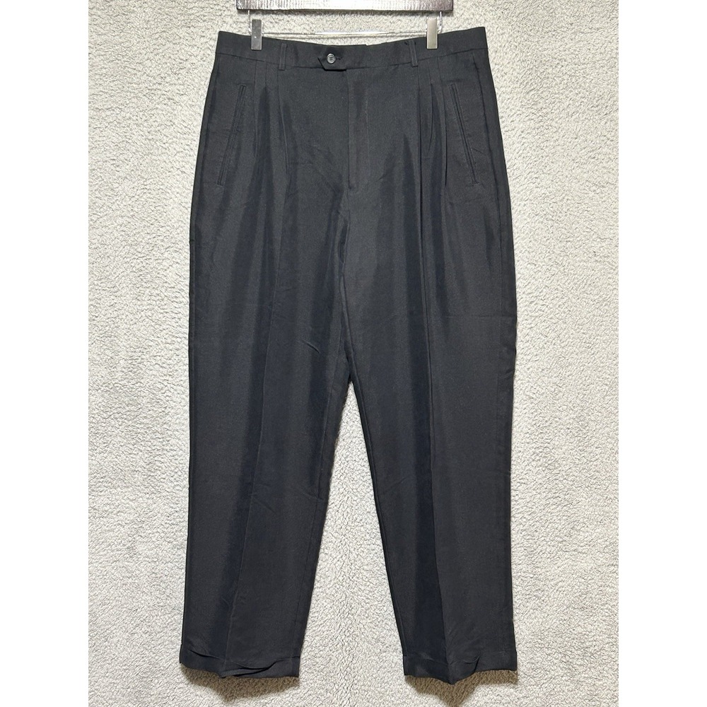 Bachrach Mens Dress Pants 36X32 Black Pleated Cuffed Trousers Slacks